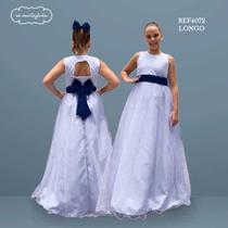 Vestido Longo branco Faixa Lisa Azul Marinho Infantil com Saia Tule Branco faixa REF4072 Vestido Longo branco Faixa Lisa Azul Marinho Infantil com Saia Tule Branco faixa REF4072