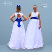Vestido Longo branco Faixa Lisa Azul Royal Infantil com Saia Tule Branco faixa REF4072 Vestido Longo branco Faixa Lisa Azul Royal Infantil com Saia Tule Branco faixa REF4072