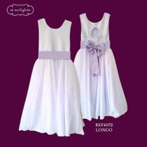 Vestido Longo branco Faixa Lisa Lilas Infantil com Saia Tule Branco faixa REF4072