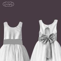 Vestido Longo branco Faixa Lisa Prata Infantil com Saia Tule Branco faixa REF4072