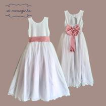 Vestido Longo branco Faixa Lisa Prata Infantil com Saia Tule Branco faixa REF4072
