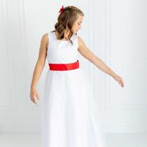 Vestido Longo branco Faixa Lisa Vermelha Infantil com Saia Tule Branco faixa REF4072