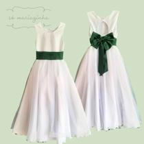 Vestido Longo Branco Faixa Verde musgo Infantil com Saia Tule Branco faixa REF4072