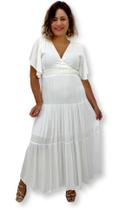 Vestido Longo Branco Renda Manga Curta Crepe Decote V 7027