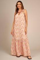 Vestido Longo Broderie Bege com Bordados Rosa Yacamim