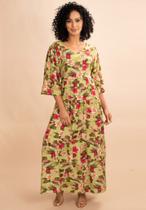 Vestido Longo Camarapi Viscose Camadas com Manga Estampa Verde Floral