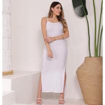 Vestido Longo Canelado com Fenda - Branco - Único - Branco - Único Vestido Longo Canelado com Fenda - Branco - Único - Branco - Único