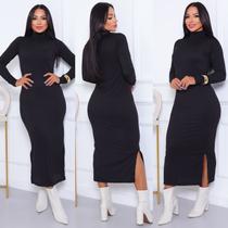 Vestido Longo Canelado Ribaninha Premium com Gola Alta e fenda Elegância & Conforto inverno frio