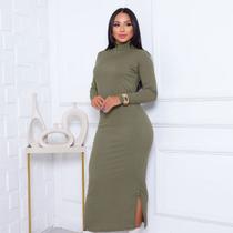 Vestido Longo Canelado Ribaninha Premium com Gola Alta e fenda Elegância & Conforto inverno frio