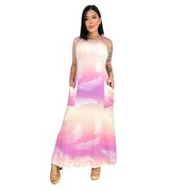 Vestido Longo Casual Feminino de Alça com Bolsos em Malha Estampado Vestido Longo Casual Feminino de Alça com Bolsos em Malha Estampado