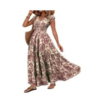 Vestido Longo Casual plus Size Com Estampa Floral Boêmia, Decote Em V, Manga Curta E Saia Com Vestido Longo Casual plus Size Com Estampa Floral Boêmia, Decote Em V, Manga Curta E Saia Com