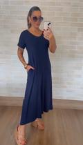 Vestido Longo Casual Soltinho com Bolso Cor:AzulTamanho:M