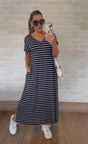 Vestido Longo Casual Soltinho com Bolso Cor:ListraTamanho:M Vestido Longo Casual Soltinho com Bolso Cor:ListraTamanho:M