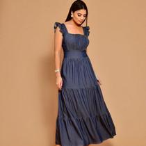 Vestido longo chambray com babada na manga 1015 Vestido longo chambray com babada na manga 1015