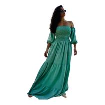 Vestido Longo Ciganinha com Lastex Ombro a Ombro Manga Fofa Liso