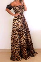 Vestido Longo Ciganinha Manga Curta Látex Onça Animal Print Vestido Longo Ciganinha Manga Curta Látex Onça Animal Print