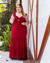 Vestido longo com bojo alças largas com babado saia em camadas costas corpete lastex vermelho Vestido longo com bojo alças largas com babado saia em camadas costas corpete lastex vermelho