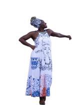 Vestido Longo com bolso e alça -Trançada - Branco e Azul - Estampa Afro