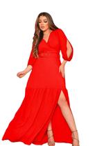 Vestido Longo Com Cinto Mangas Vazadas Vestido Longo Com Cinto Mangas Vazadas