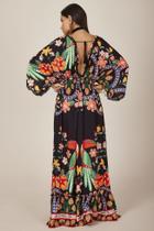 Vestido Longo Com Decote Em V Cavado Preto Estampado Yacamim C12