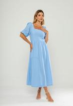 Vestido Longo Com Decote Reto E Manga Bufante 3/4 Azul Salvatore Vestido Longo Com Decote Reto E Manga Bufante 3/4 Azul Salvatore