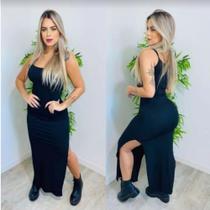 Vestido Longo com Fenda nas Laterais de Alcinha Festa Luxuoso Preto
