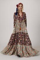 Vestido Longo Com Mangas Bufantes Estampado Patchwork Yacamim Q7