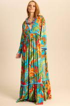 Vestido Longo Com Mangas Longas Azul Claro Estampado Yacamim E18 Vestido Longo Com Mangas Longas Azul Claro Estampado Yacamim E18