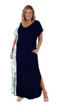 Vestido Longo Com Recorte Vertical Azul E Floral. Vestido Longo Com Recorte Vertical Azul E Floral.