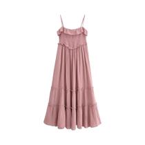 Vestido Longo Com Saia Em Estilo Falso Com Borda Rendada Rosa, Cintura Ajustável, Saia Em a Que