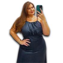 Vestido Longo com Zíper nas Costas Foil Babado Alça Longa Plus Size