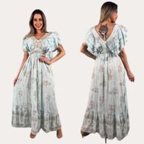 Vestido Longo Crepe Boho Chic Com Babado Tecido Viscose