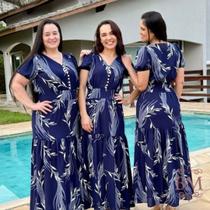 Vestido Longo, Crepe de Seda, Azul, Botão Fake, Manga Bufante, Recorte Cintura com Lastéx atrás, Collucci BM1286A