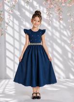 Vestido longo Daminhas, Infantil Azul Marinho em Poliéster, Nervura com Pérolas Cinto Luxo Vestido longo Daminhas, Infantil Azul Marinho em Poliéster, Nervura com Pérolas Cinto Luxo