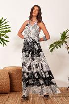 Vestido Longo de Alças Patchwork Preto e Branco Yacamim