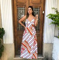 Vestido longo de alcinha em crepe estampado