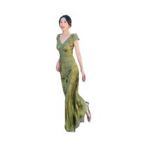 Vestido Longo De Cetim Jacquard Verde Turquesa Com Decote Em V E Costas Abertas Para Mulheres,