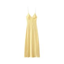 Vestido Longo De Cetim Rosa Sem Costas Para Mulheres, Vestido Amarelo Sexy Com Alças, Vestido Midi