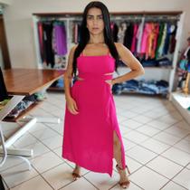 Vestido Longo De Festa Com Fenda Blogueira Decote Alcinha Bojo Pink