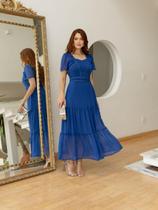 Vestido Longo de Festa Elegante Sofisticado Manga Curta Verão Soltinho Casamento Madrinha COR:AzulTAMANHO:P