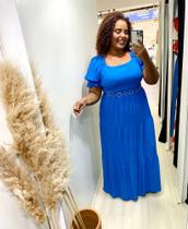 Vestido longo de manga côr azul tamanho grande