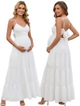 Vestido longo de maternidade HTZMO de verão, decote em V, laço nas costas, branco