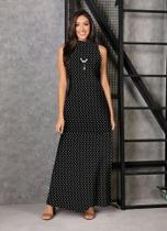 Vestido longo De poa Bolinha Sem Mangas Gola Alta Saia Evase Soltinho Ve 251 Vestido longo De poa Bolinha Sem Mangas Gola Alta Saia Evase Soltinho Ve 251