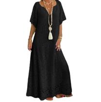 Vestido Longo de Renda Soltinho Com Mangas Forrado Boho ve 64