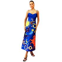 Vestido Longo de Seda Azul Olho Grego Feminino