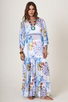 Vestido Longo De Tule Azul Estampado Yacamim D12