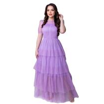 Vestido Longo De Tule Com Brilho Feminino Manga Curta Elegante Para Festa