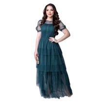 Vestido Longo De Tule Com Brilho Feminino Manga Curta Elegante Para Festa