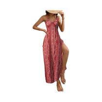 Vestido Longo De Verão Boho Feminino Com Costas Descobertas E Fenda Na Coxa, Estampa Étnica Para