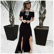 Vestido Longo Decote Canoa Dupla Fenda Na Perna Plus Size
